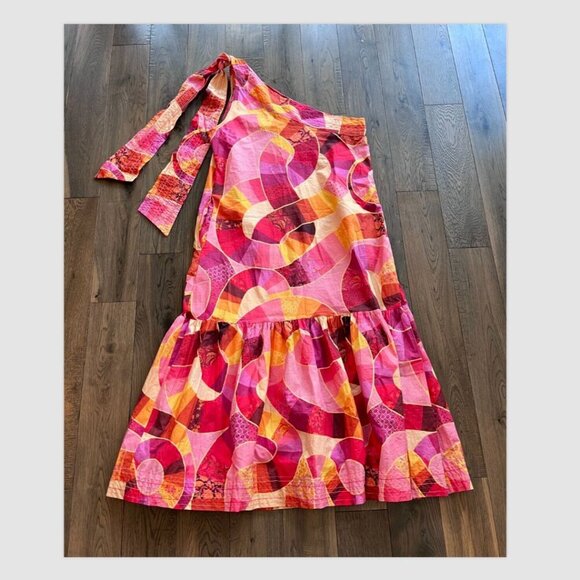 Farm Rio Patch Twirl One Shoulder Maxi Dress Size XL 100% Cotton Pink Red Multi - Picture 5 of 12